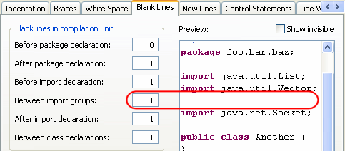 Screenshot of the formatter preference page showing 'Blank lines between import groups'