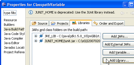 Java build path dialog with deprecated variables