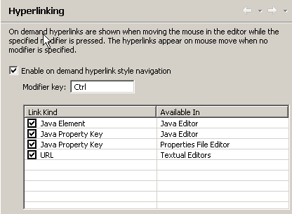Screenshot showing the hyperlinking preference page