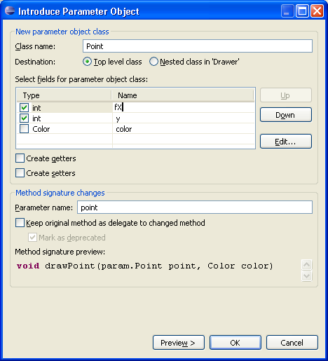 Screenshot showing the the Introduce Parameter Object refactoring dialog