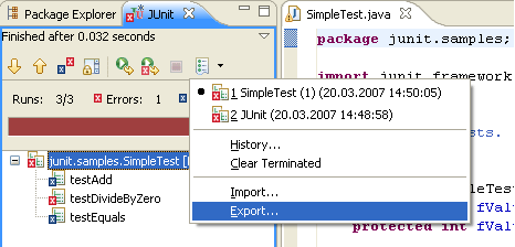 JUnit view menu with Import and Export actions