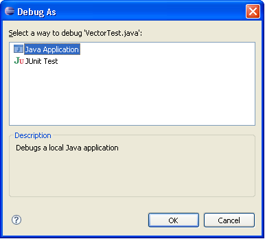 Dialog used to select how to debug a Java program