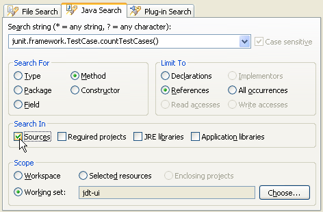Screenshot showing the search dialog with the new 'Search In' options