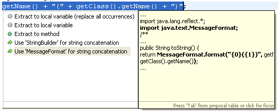 Picture showing the 'Convert to MessageFormat' quick assist