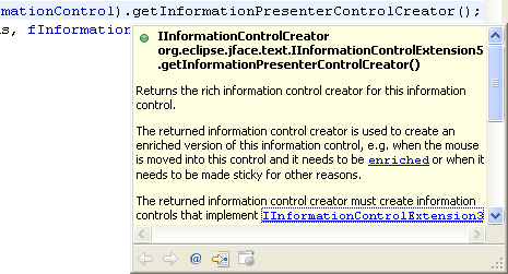 Picture showing the Javadoc hover with mouse cursor on link