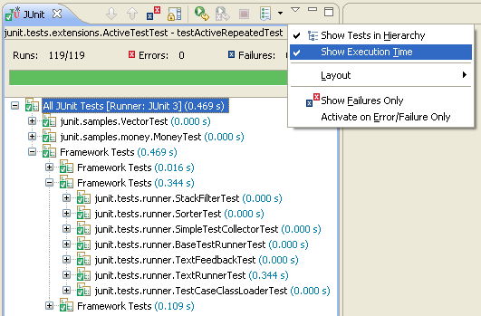 JUnit view with elapsed time