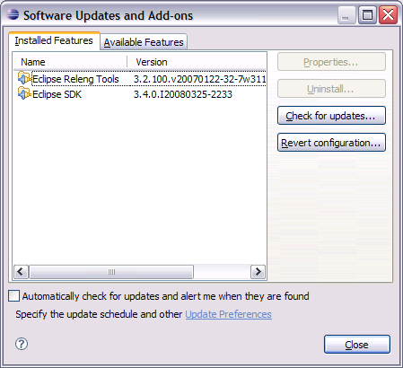 Software Updates and Add-ons Dialog
