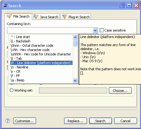 Search dialog with content assist showing \R