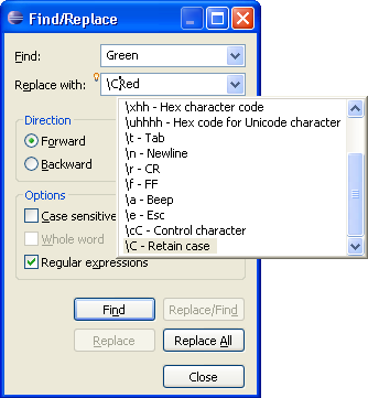 Picture showing the Find/Replace dialog with the retain case regular expression