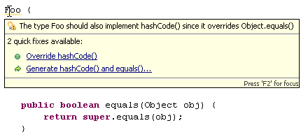 Problem hover with quick fix for missing hashCode method