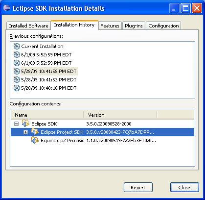 Installation History page in Installation Information dialog