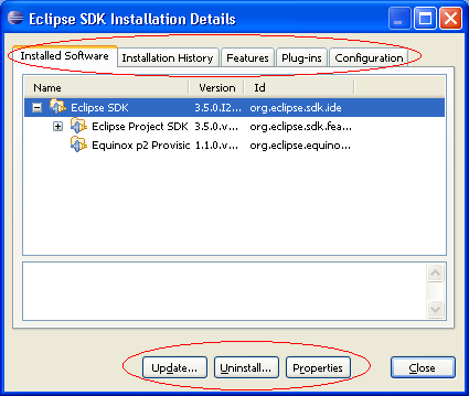 Installation Details dialog showing contributions from multiple plug-ins