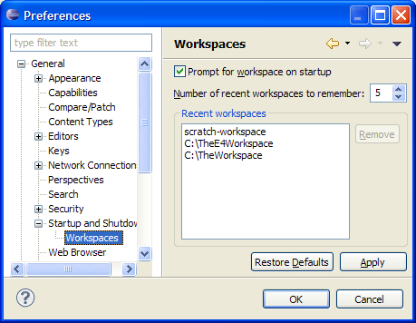 The Workspaces preference page