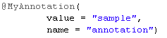 Java formatter example. The simple snippet with the formatted annotation and its element-value pairs aligned.
