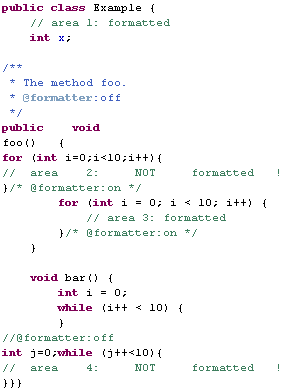 Java formatter example. The simple snippet with the formatted annotation and its element-value pairs aligned.