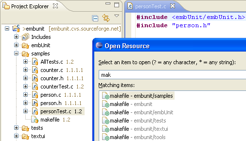 Open Resource dialog with pattern 'mak', matching many makefiles