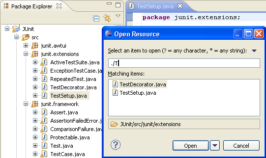 Open Resource dialog with pattern './T'