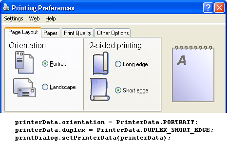PrintDialog showing double-sided portrait printing that can be bound on the short edge