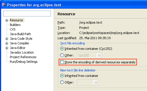 Select Store the encoding of derived resources separately option