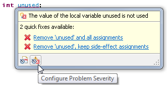 Configure Problem Severity button in Java Editor problem hover