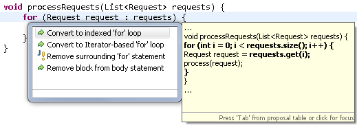 Screenshot of Quick Assist on the 'for' keyword of an enhanced 'for' loop