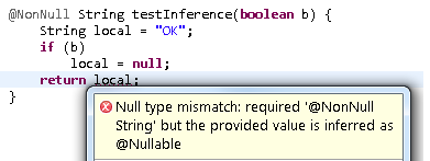This option produces the¶			'Null type mismatch: required @NonNull String but the provided value is inferred as @Nullable' warning