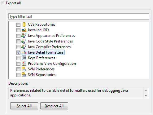 Detail formatters in the export dialog