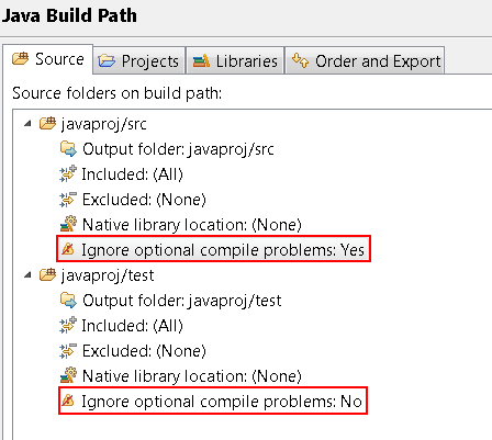 Java Build path page with 'Ignore optional compile problems' highlighted