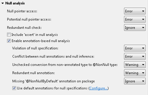 Errors/Warnings preference page with 'Enable annotation-based null analysis' highlighted