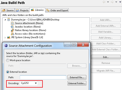 Dialog to specify encoding for source attachments.