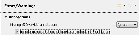 Errors/Warnings preference page, checkbox 'Include implementations of interface methods (1.6 or higher)'