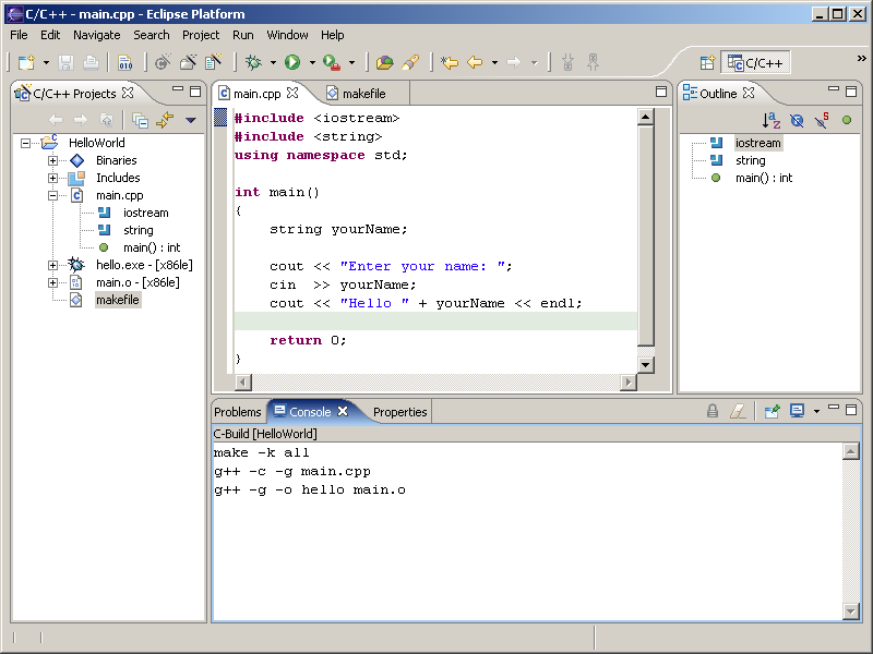 Eclipse Workbench displaying The C++ Perspective